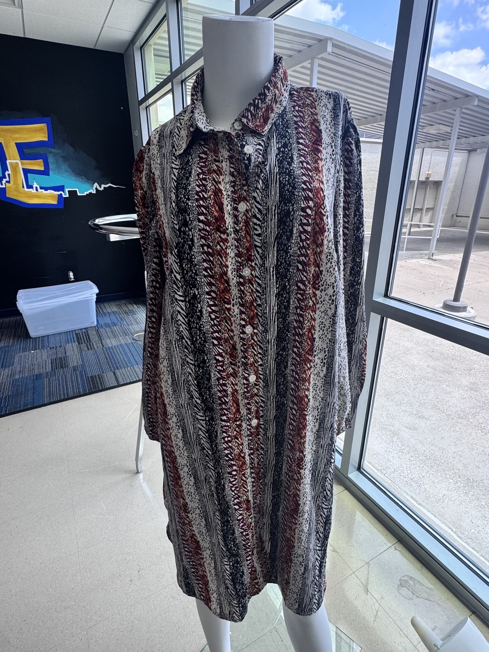 Button-Front Longline Shirt Dress in Black, White & Burgundy Stripe
